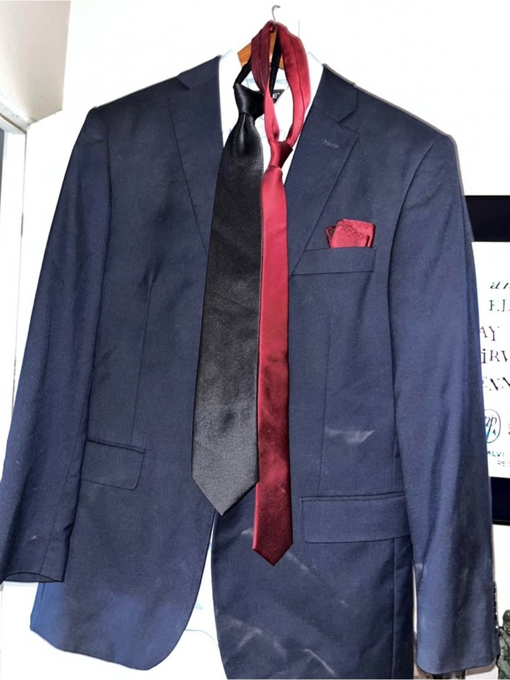 Milani Navy Suit Jacket with Burgundy Pocket Square and Ties